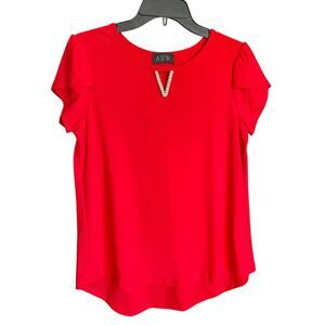 AUW Red Stretchy Short-Sleeve Top w/ Embellished V, Size M/L
